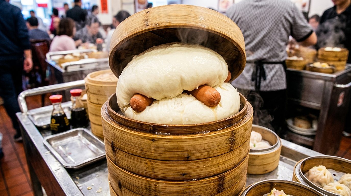 Steamed buns filled with sausages sit in an open bamboo steamer at a busy restaurant, with additional steamers and people in the background.