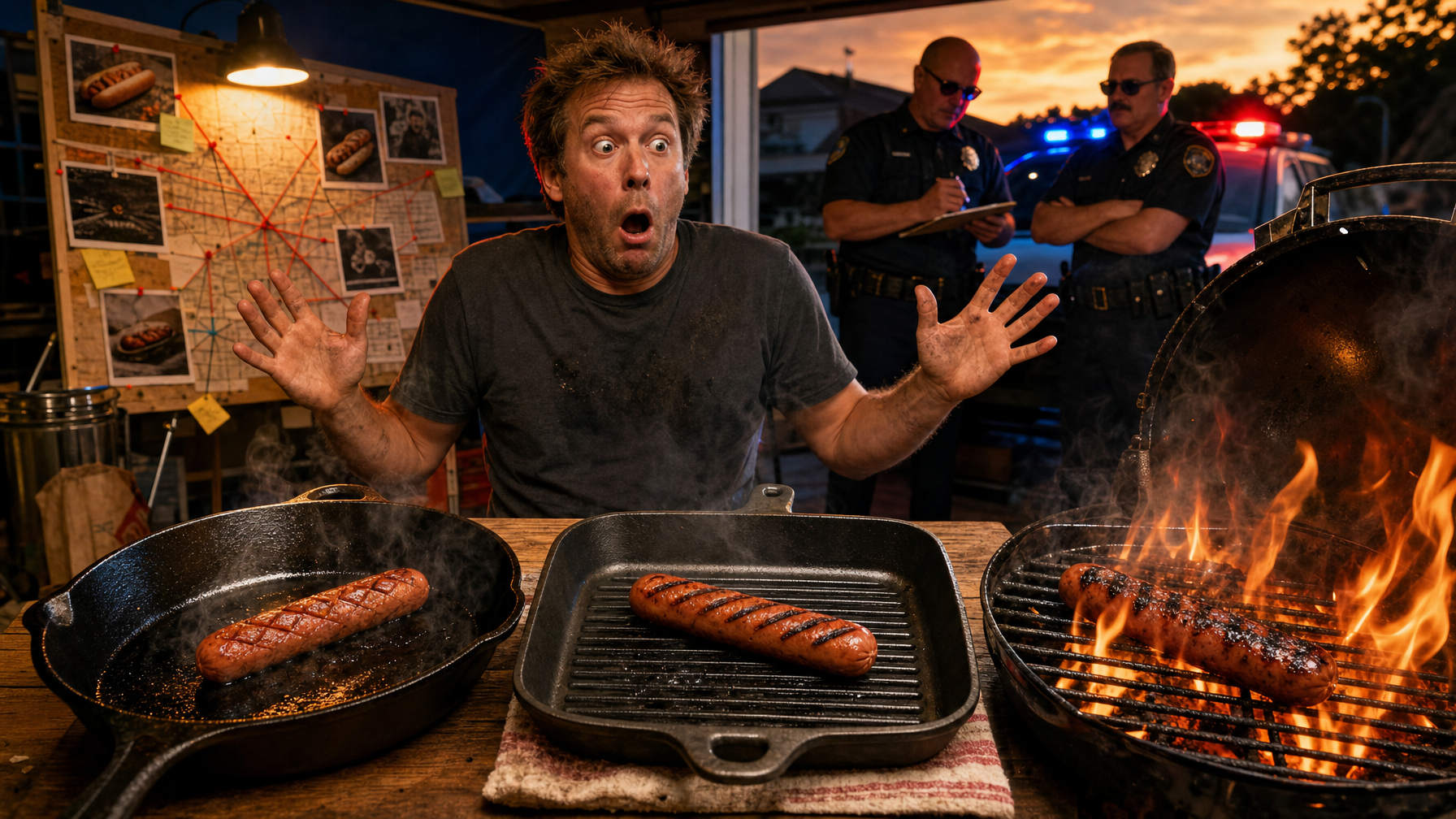 A startled man raises both hands behind three hot dogs cooking in a cast-iron skillet, ridged grill pan, and open-flame grill, with two uniformed officers and a case board behind him at sunset.