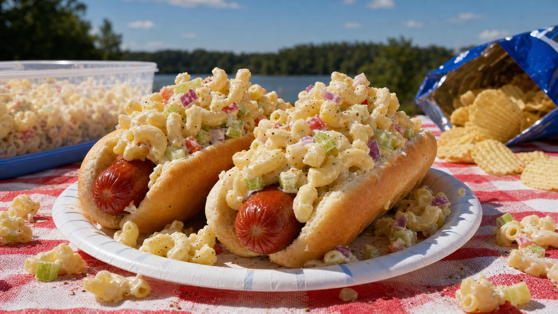 Two hot dogs topped with macaroni salad sit on a paper plate at an outdoor picnic table, with more macaroni salad and potato chips beside a lake.