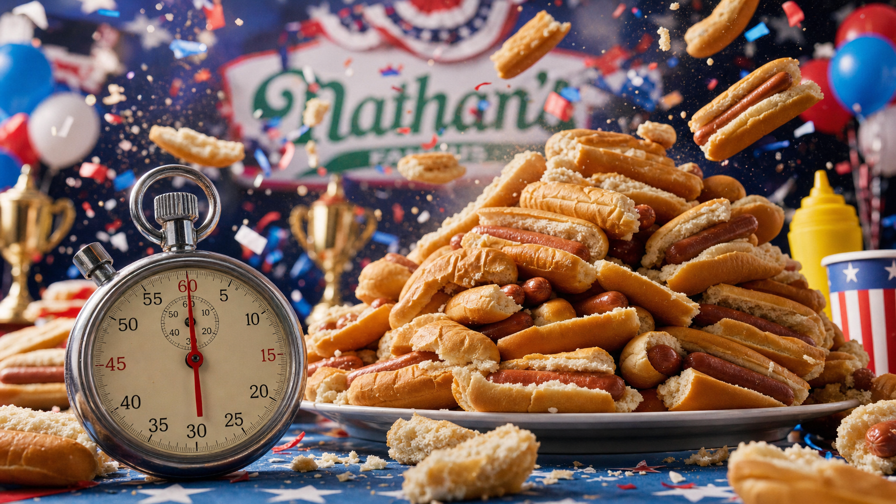 A stopwatch rests beside a mound of hot dogs and buns on a plate, with crumbs, confetti, balloons, and patriotic decorations around a festive food-contest table.