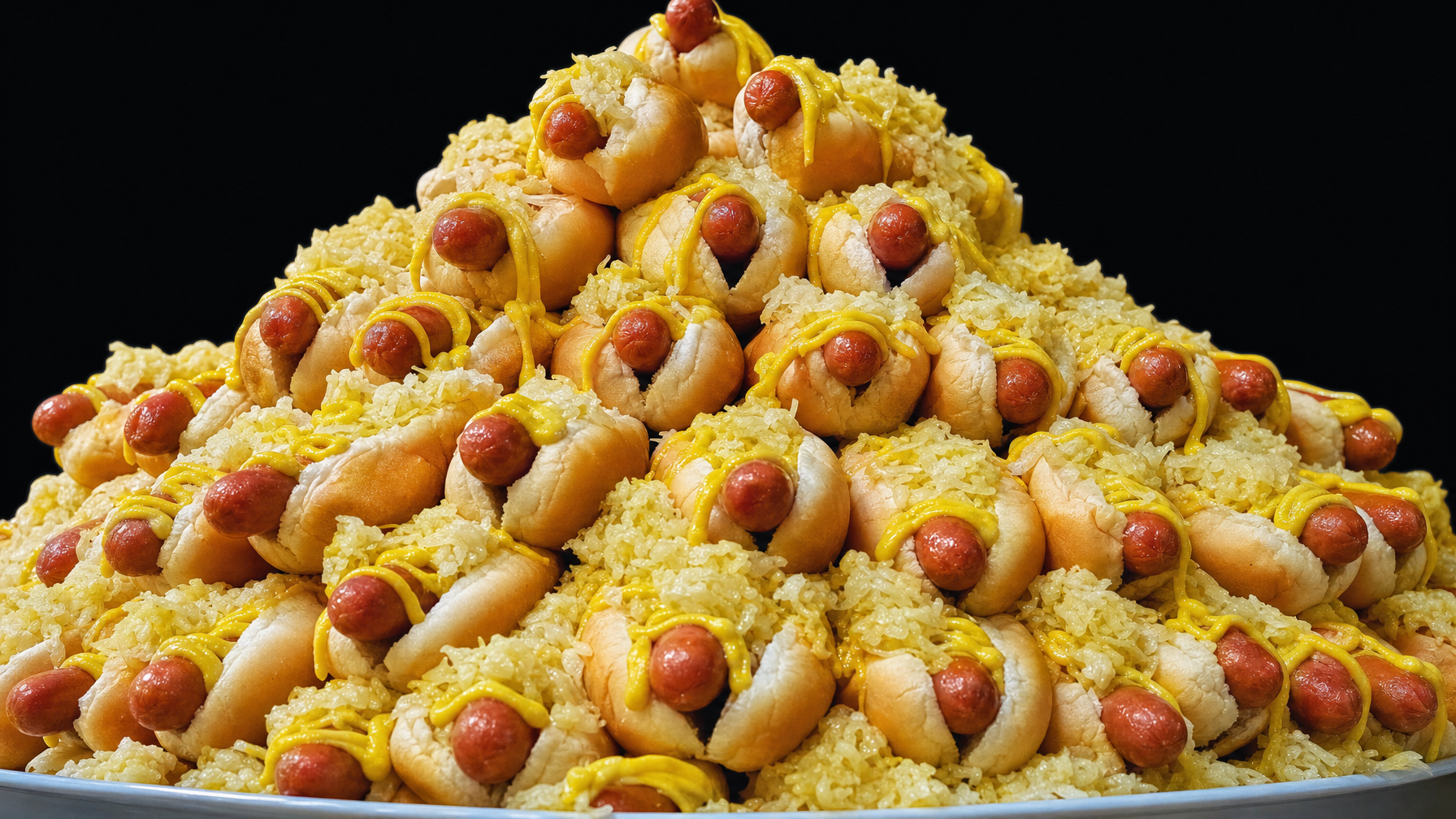 A large pile of hot dogs topped with mustard and sauerkraut sits on a platter against a black background.