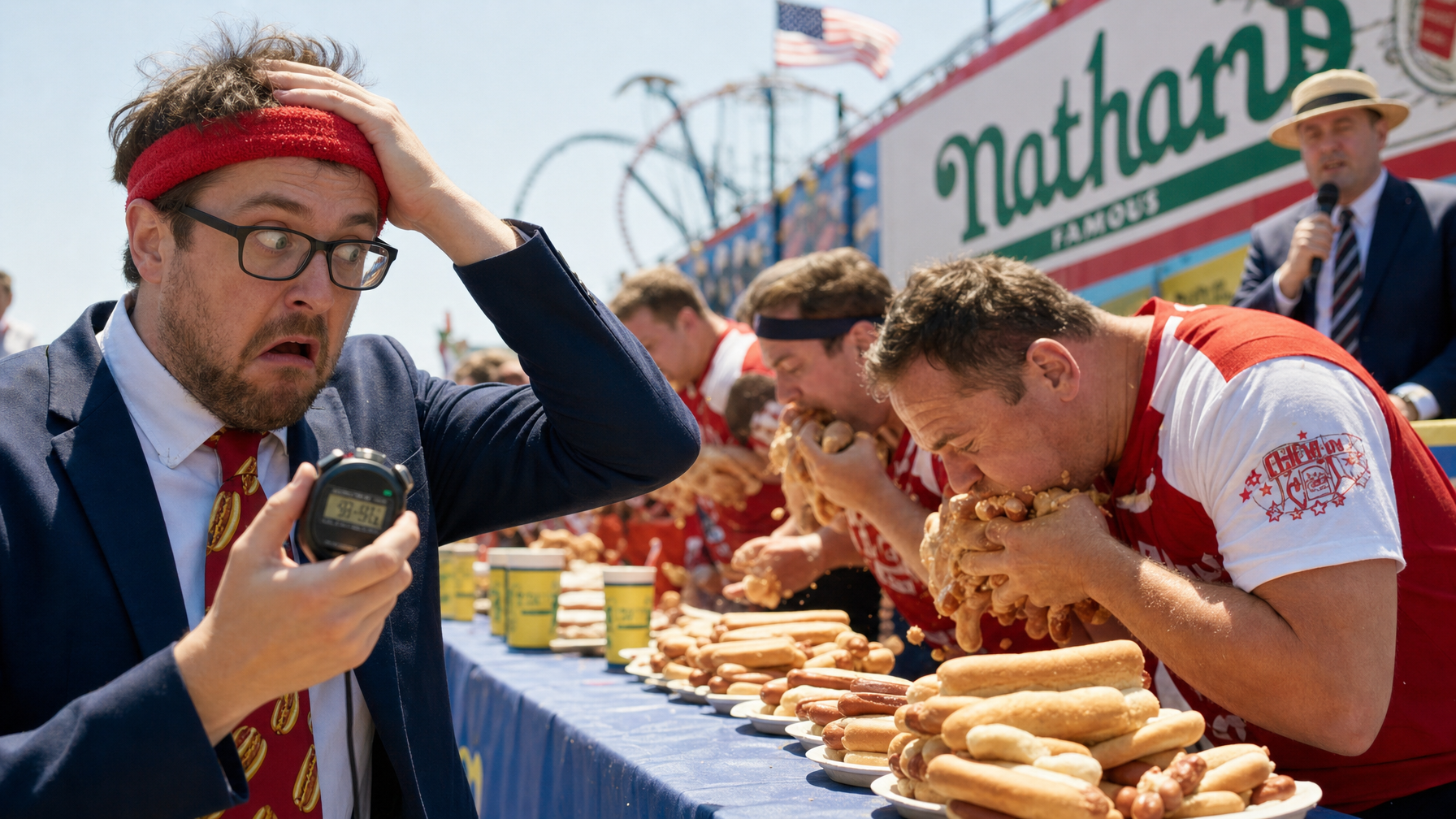 A man in a suit checks a stopwatch beside contestants rapidly eating hot dogs at a crowded outdoor event, with plates of hot dogs and a large sign in the background.