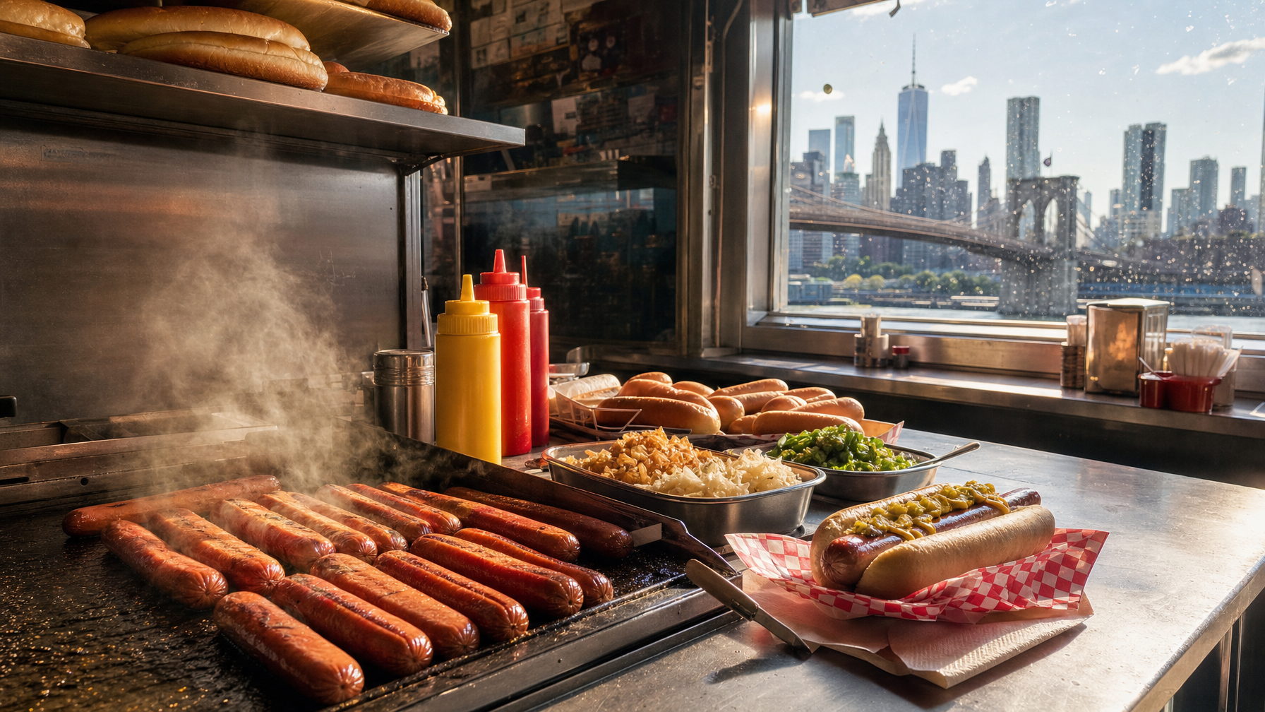 Hot dogs grill beside buns, condiments, and toppings at a street-food counter, with a city bridge and skyline visible through the window.