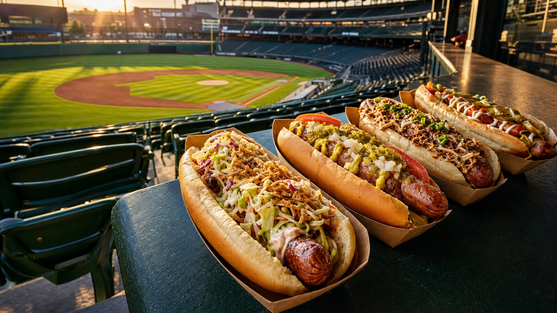Four loaded hot dogs sit in paper trays on a stadium ledge overlooking a baseball field and empty seats.