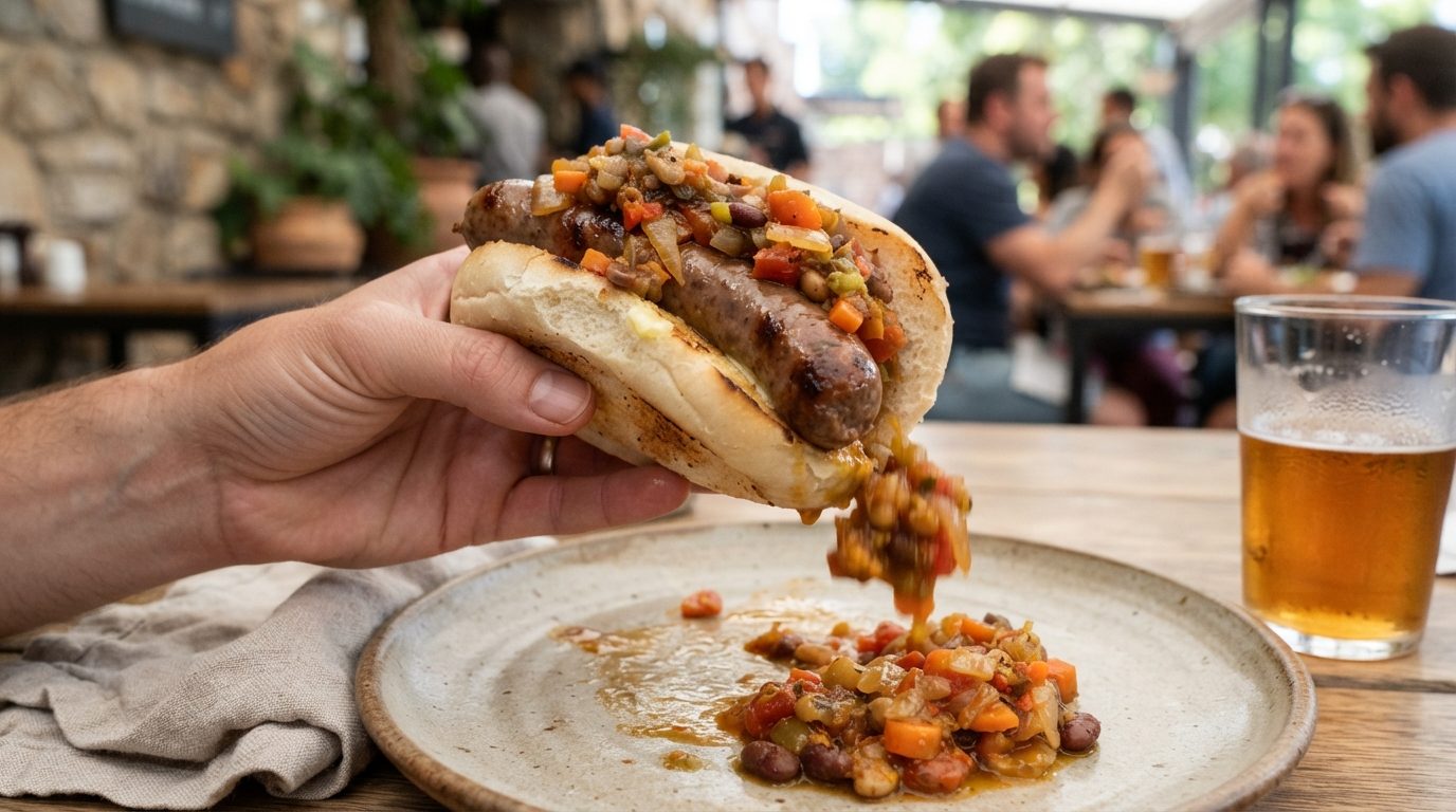 A hand holds a sausage roll piled with chunky vegetables over a plate as topping spills onto it, with a beer glass and blurred diners in a casual restaurant.