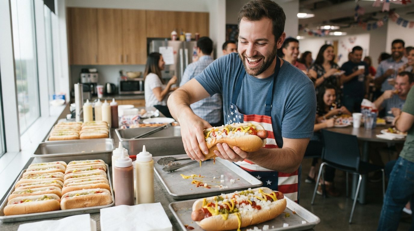 A man assembles a heavily topped hot dog at a food counter, with more hot dogs, condiments, a kitchen, and diners visible behind him.
