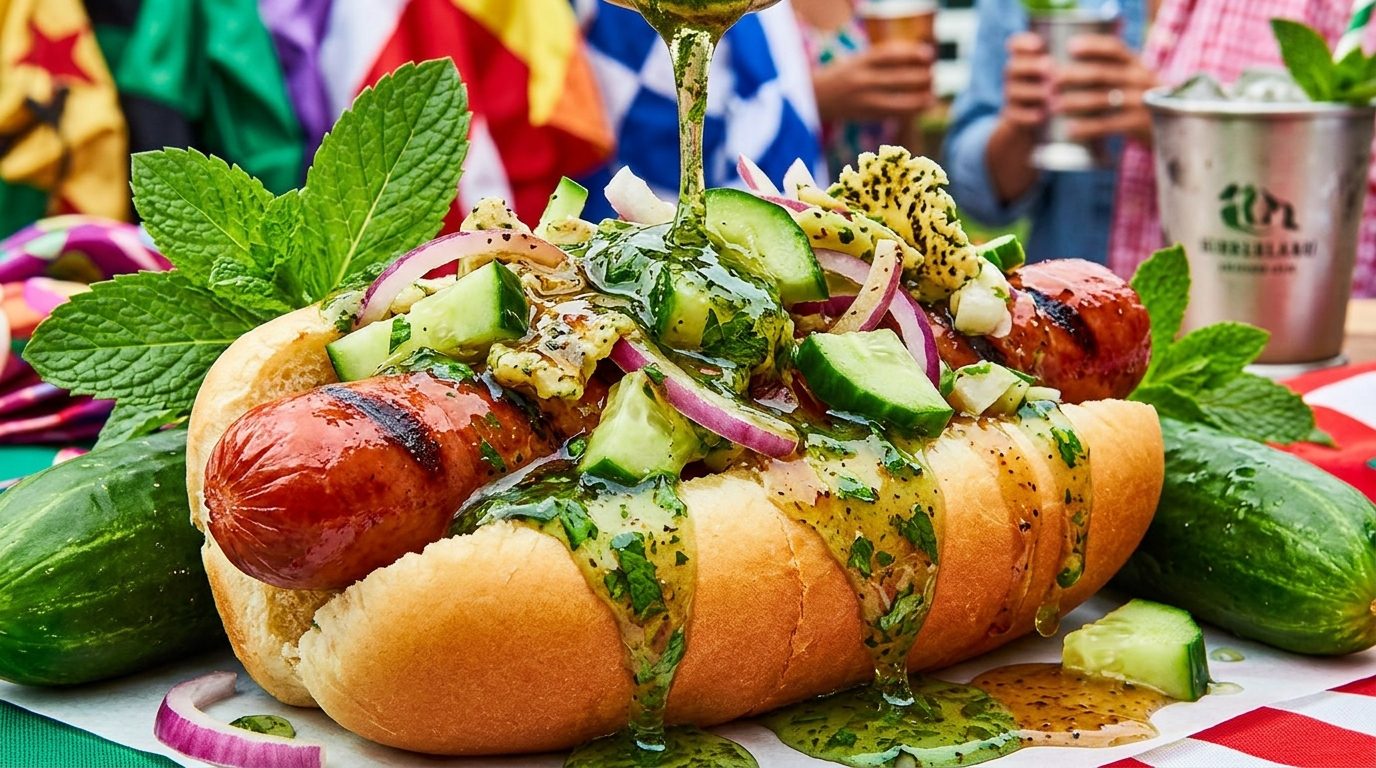 A loaded hot dog is topped with cucumbers, onions, herbs, mint, and green sauce, with more cucumbers and a metal cup in the background.