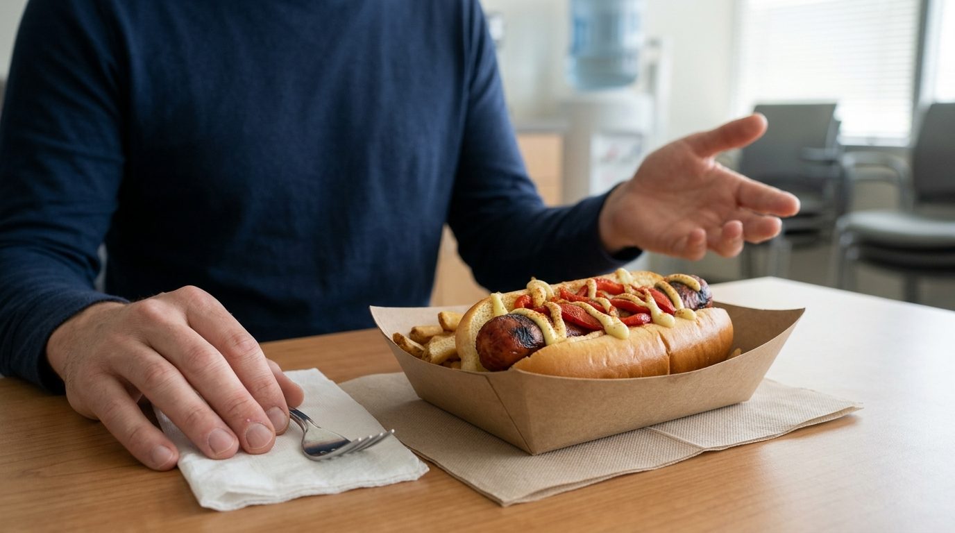 A sausage hot dog topped with red peppers and pale sauce sits with fries in a paper tray on a table, while a person gestures beside it.