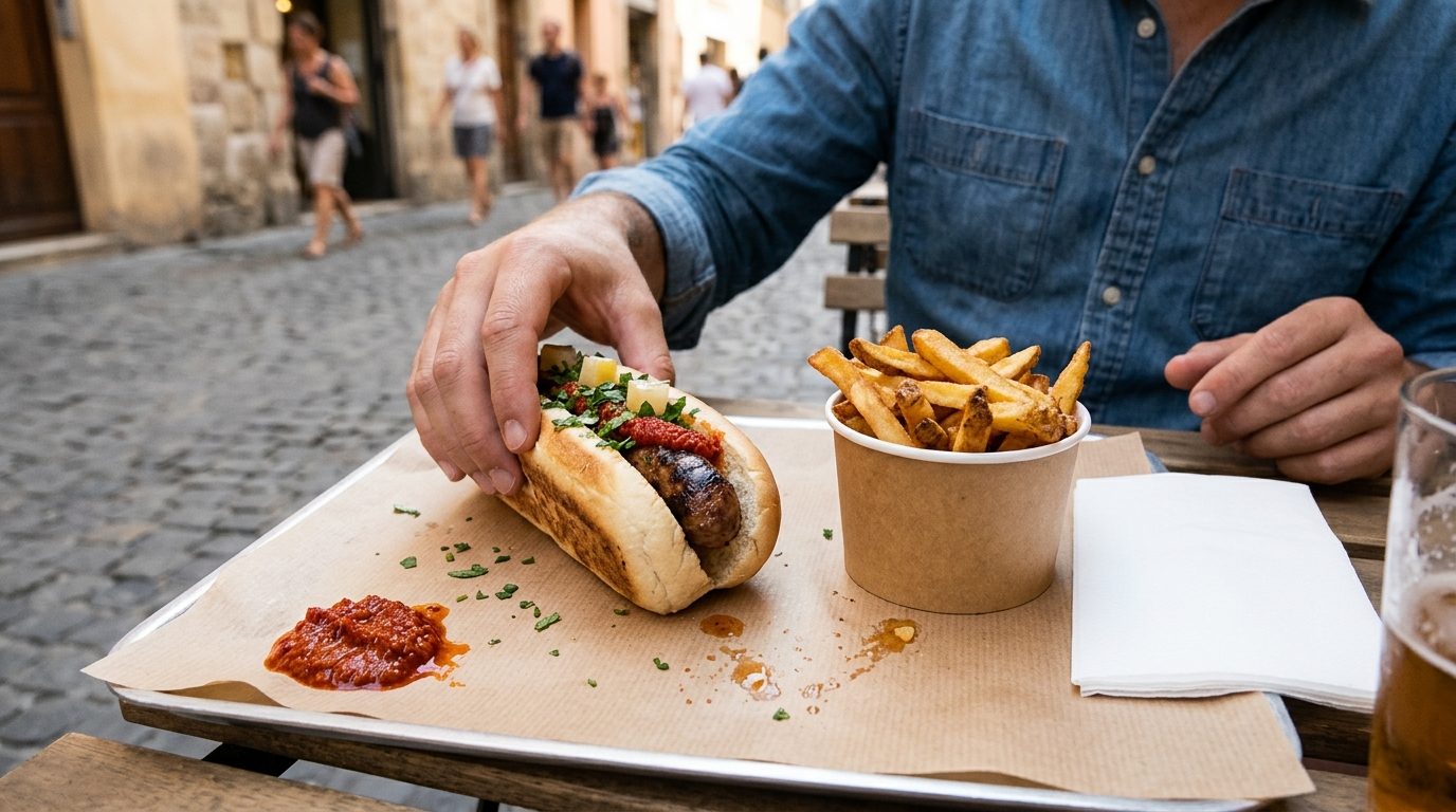 A hand holds a sausage sandwich beside a cup of fries and red sauce on a tray at an outdoor table on a cobblestone street.