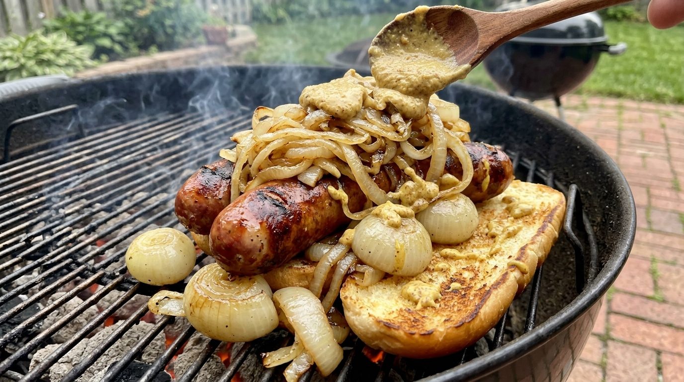 Grilled sausages and buns topped with onions and mustard sit on a smoky backyard grill while a wooden spoon adds sauce.