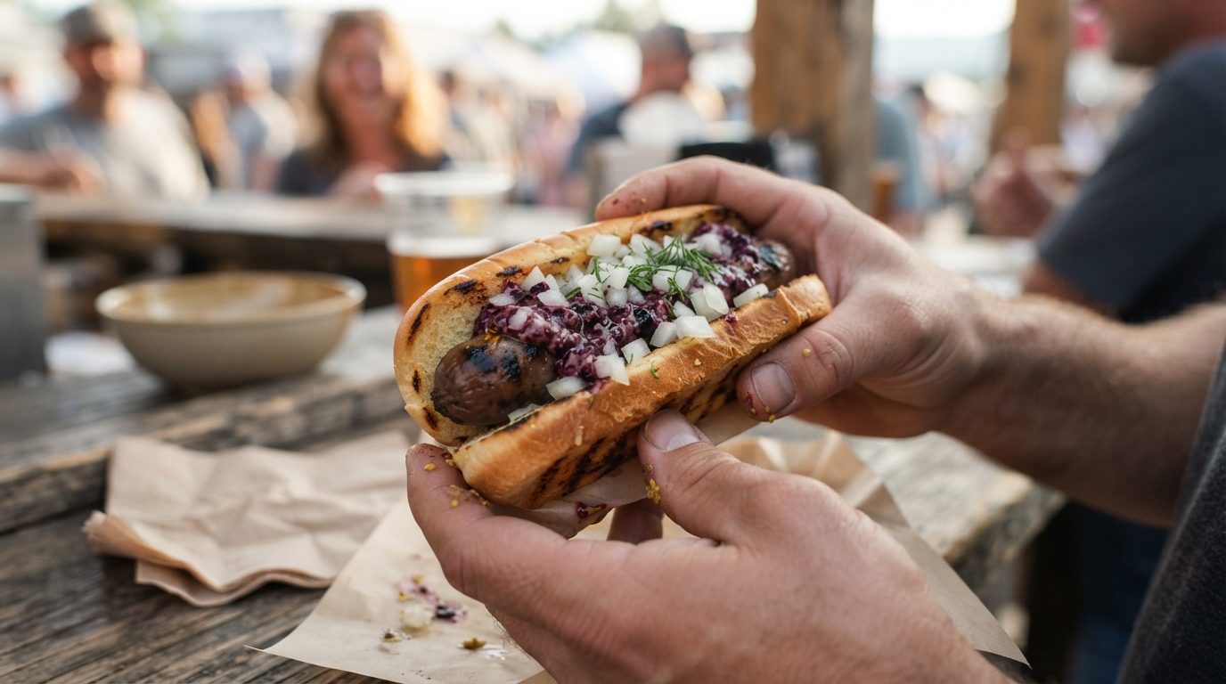 A grilled sausage in a bun is held over a wooden table, topped with purple sauce, diced onions, and herbs at an outdoor dining area.