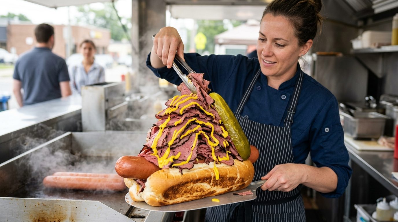 A food-service worker uses tongs to pile sliced meat and mustard onto an oversized hot dog in a bun at a steaming food counter.