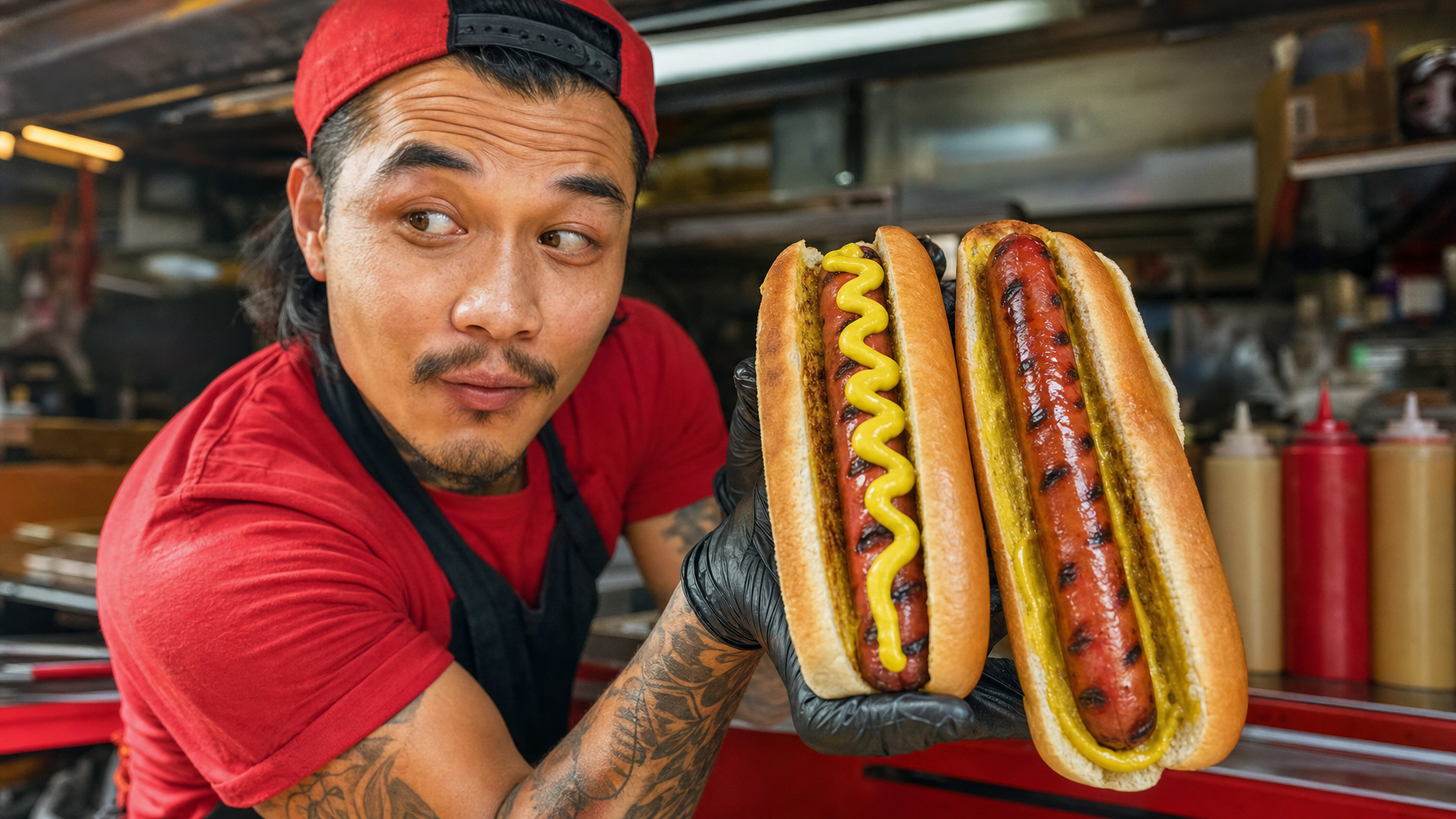 A food worker in a red shirt and black apron holds two hot dogs toward the camera, one topped with zigzag mustard and the other with mustard along the side, in a food-service kitchen.