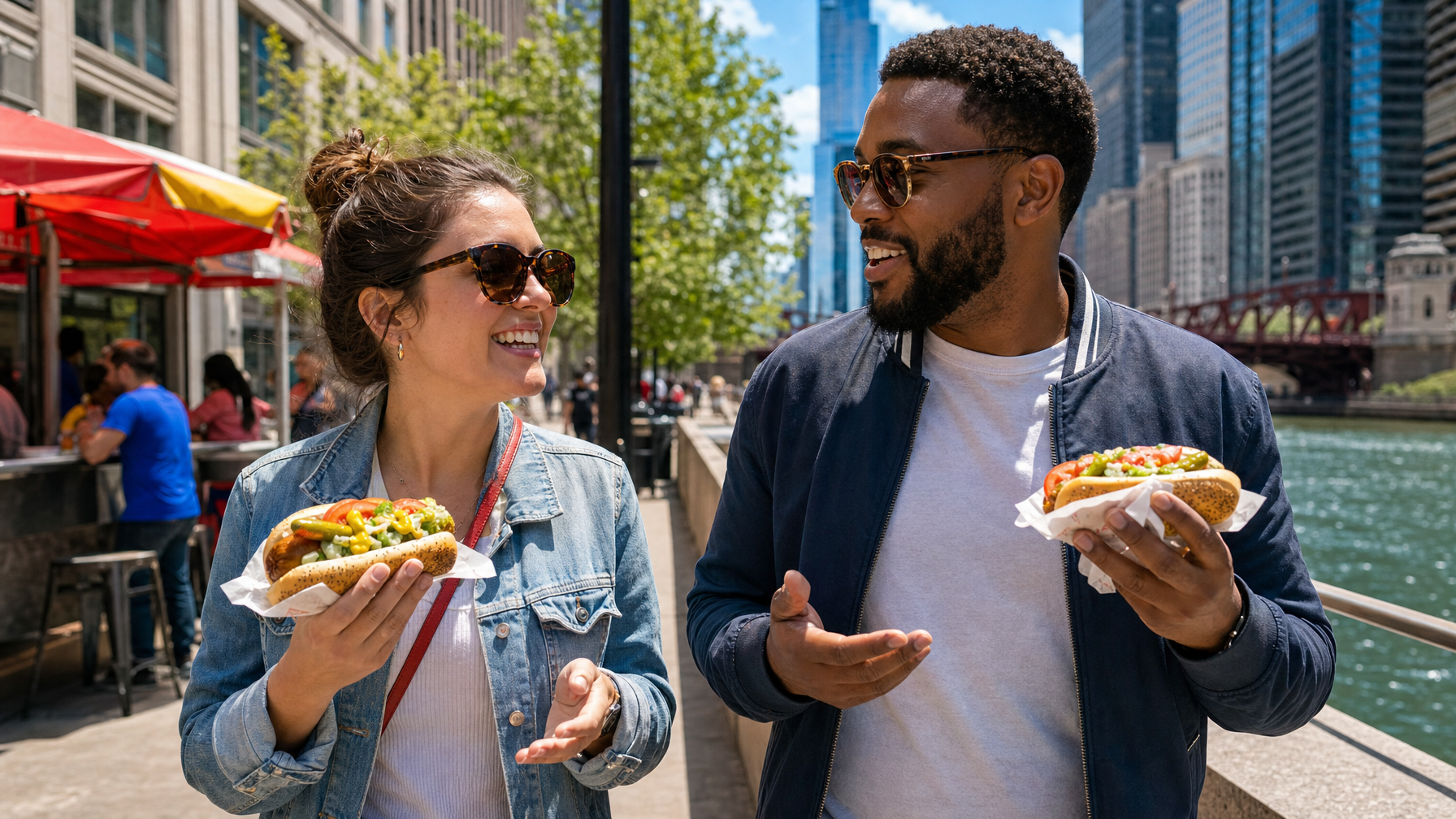 Two people hold loaded hot dogs and talk beside a riverside food stand in a sunny city setting.