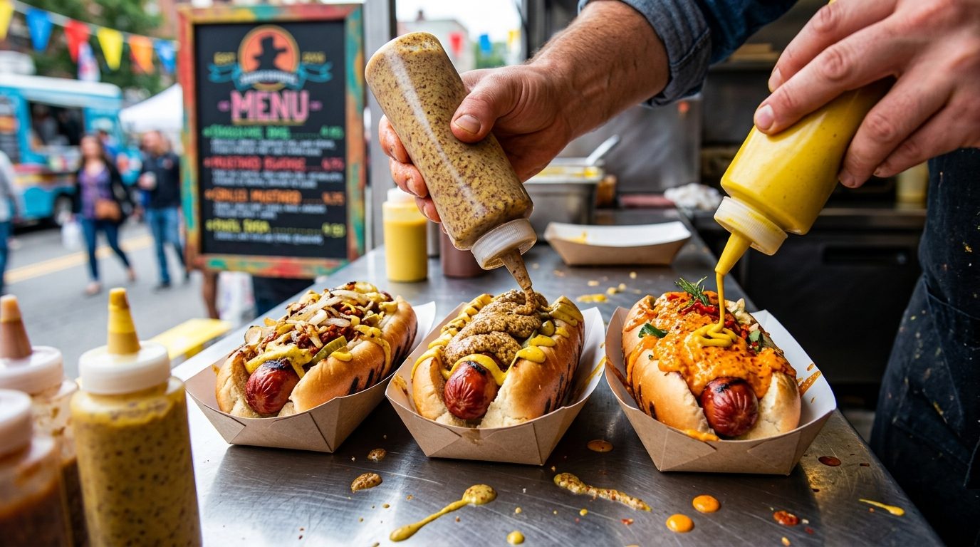 Three hot dogs in paper trays are topped with yellow and grainy mustard by a person at a busy street food stall.