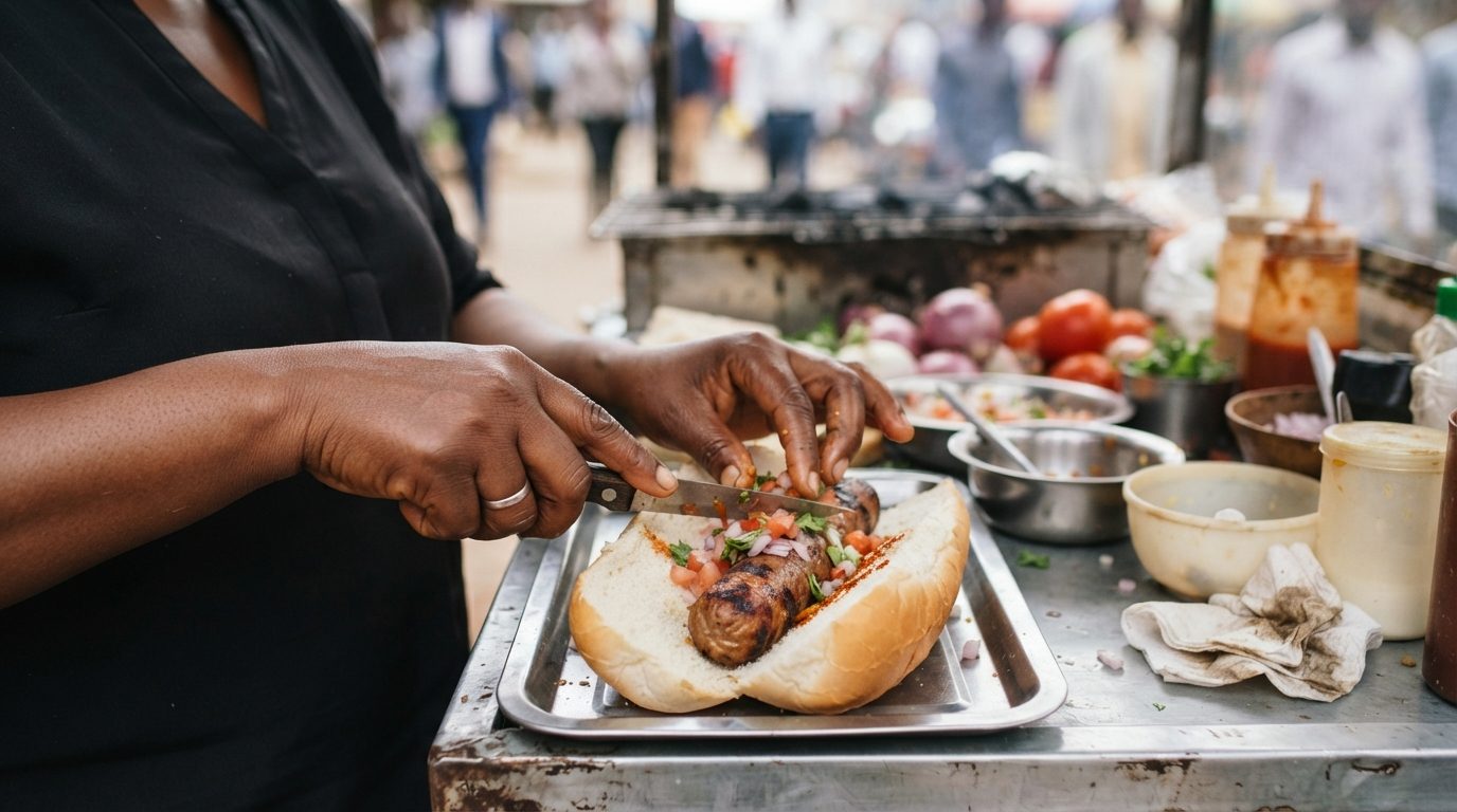 A street food vendor slices a grilled sausage in a bun topped with chopped vegetables at a busy outdoor food stall.