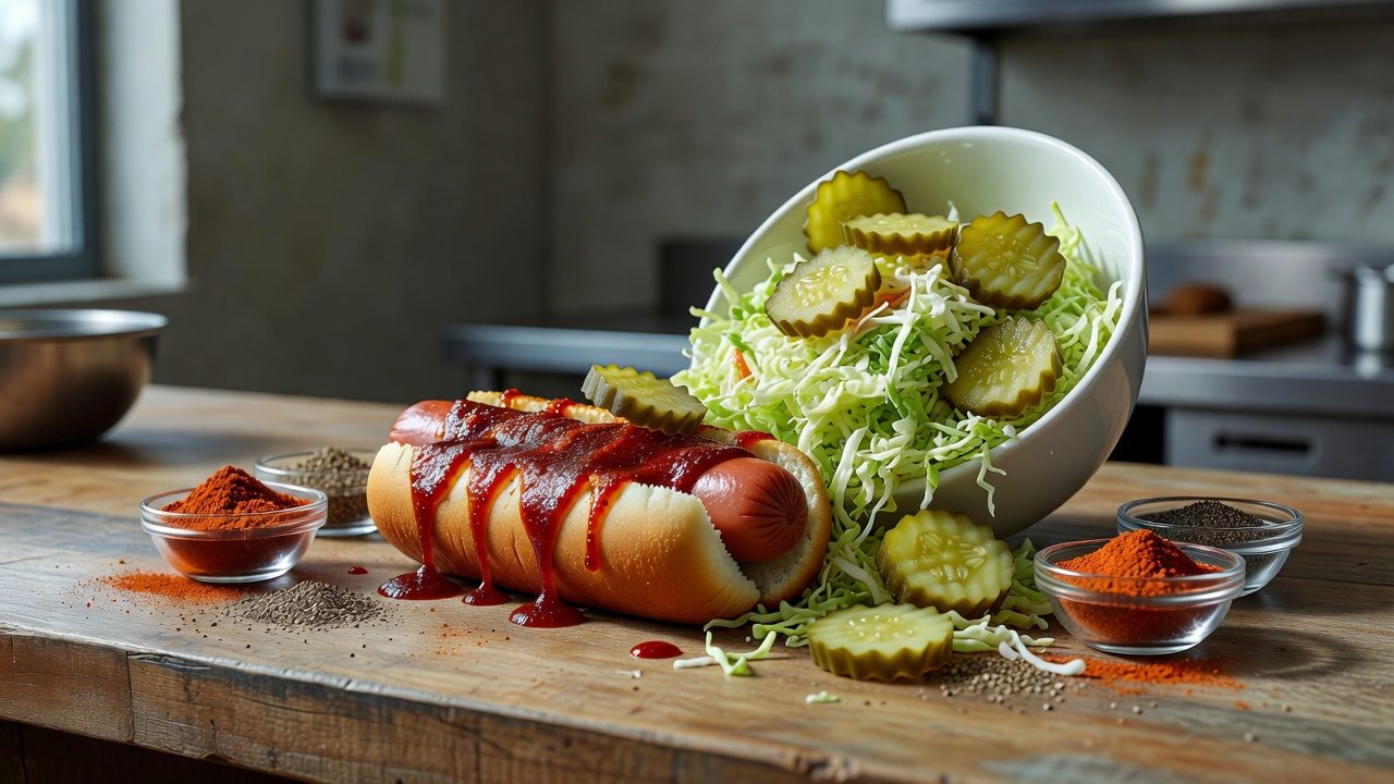 A hot dog topped with red sauce sits beside a bowl of shredded cabbage and sliced pickles on a wooden kitchen counter, with spices scattered around it.