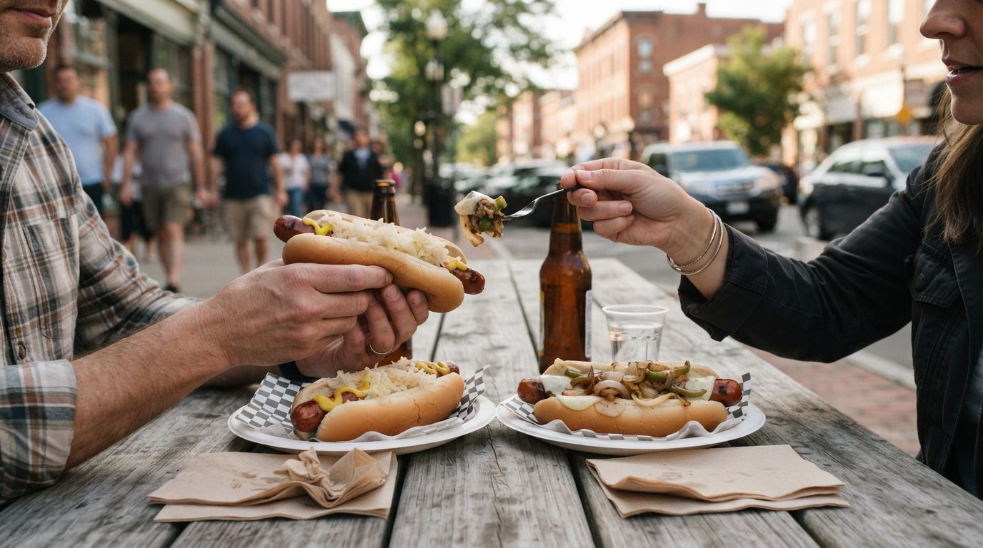 Two diners hold and sample loaded hot dogs at a wooden outdoor table on a city sidewalk, with more hot dogs, drinks, and pedestrians around them.