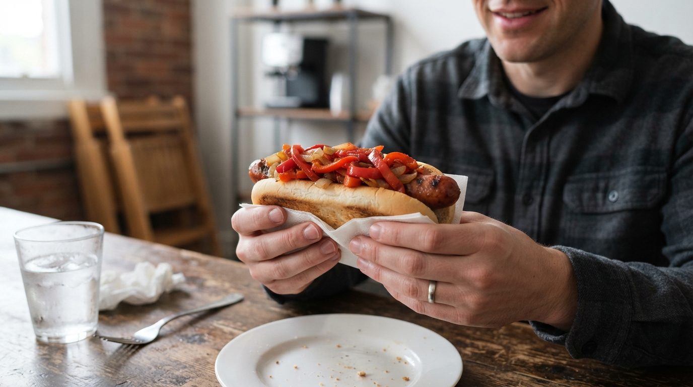 A person holds a hot dog topped with sliced peppers and onions at a wooden dining table, with a plate, fork, and glass of water nearby.