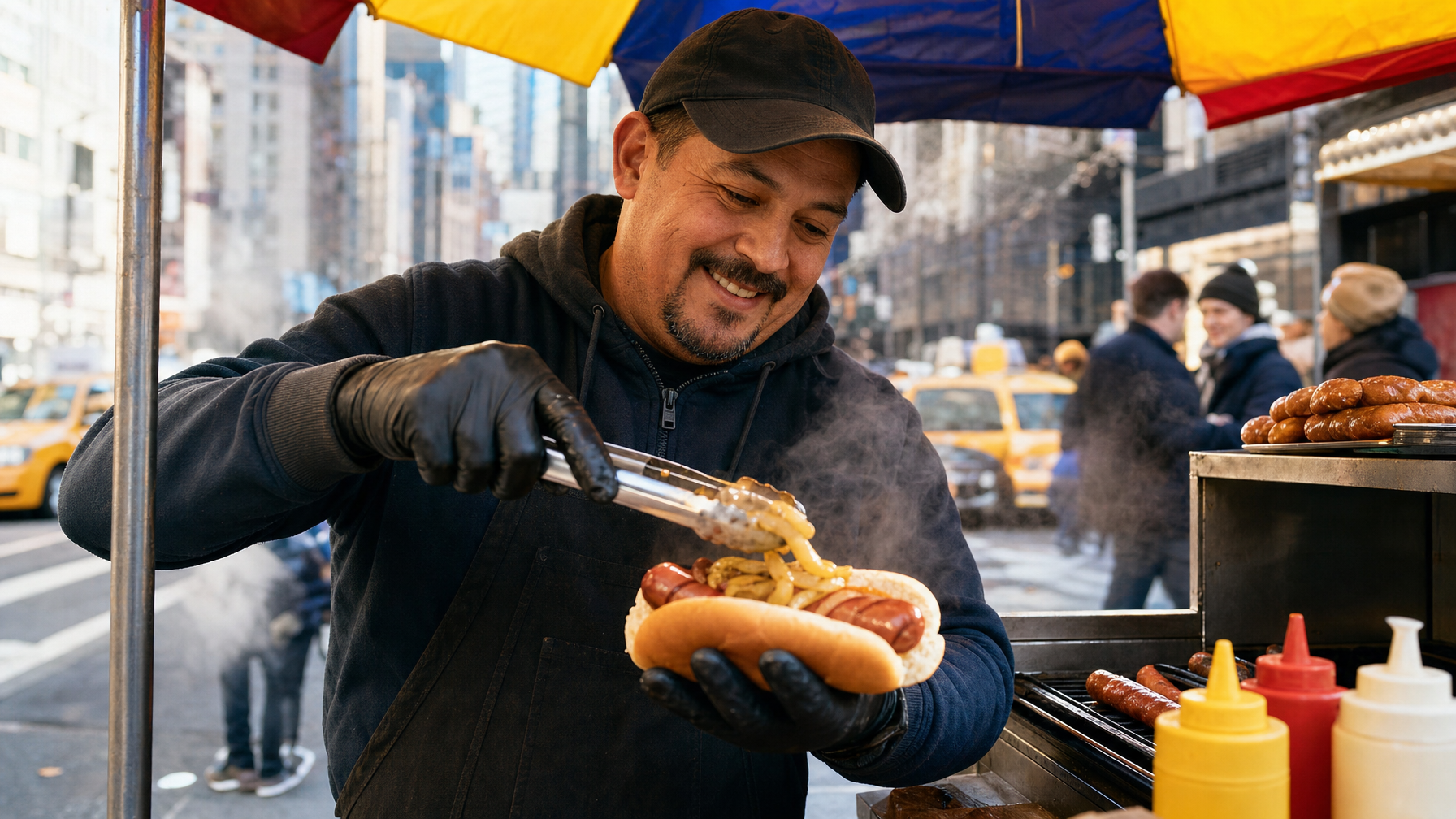 A street-food vendor uses tongs to add onions to a hot dog at a steaming cart on a busy city street.