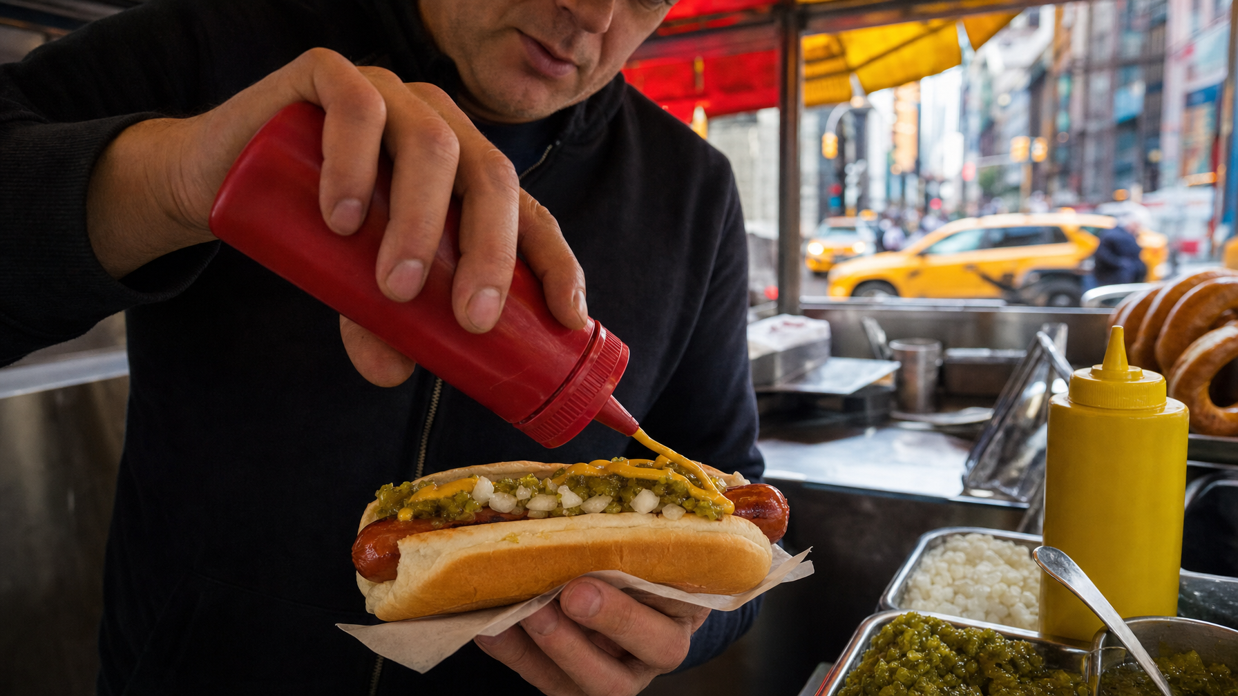 A person squeezes mustard onto a hot dog topped with relish and onions at a street-food stand, with yellow taxis visible through the window.