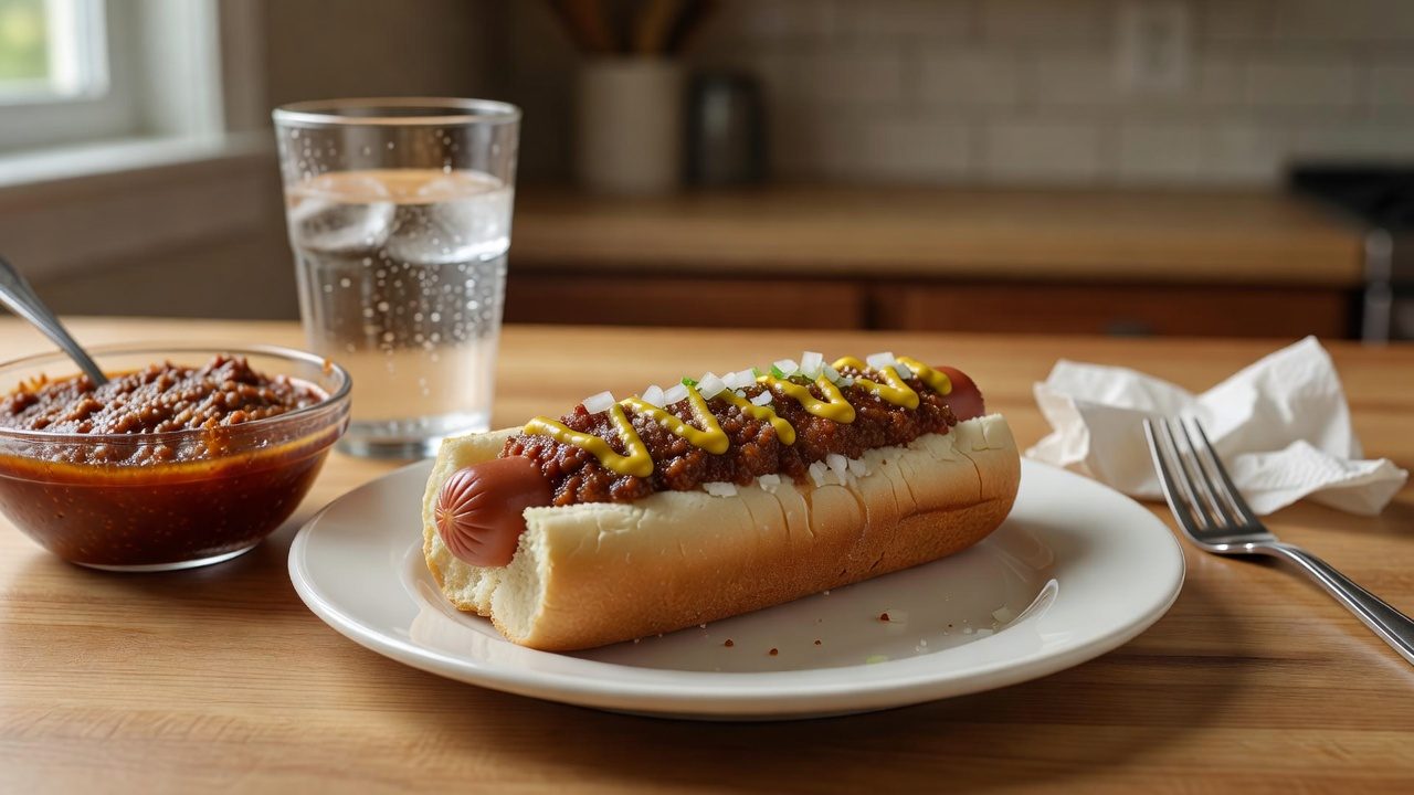 A chili-covered hot dog in a bun sits on a plate with mustard and diced onions, alongside a bowl of chili and a glass of water on a kitchen table.