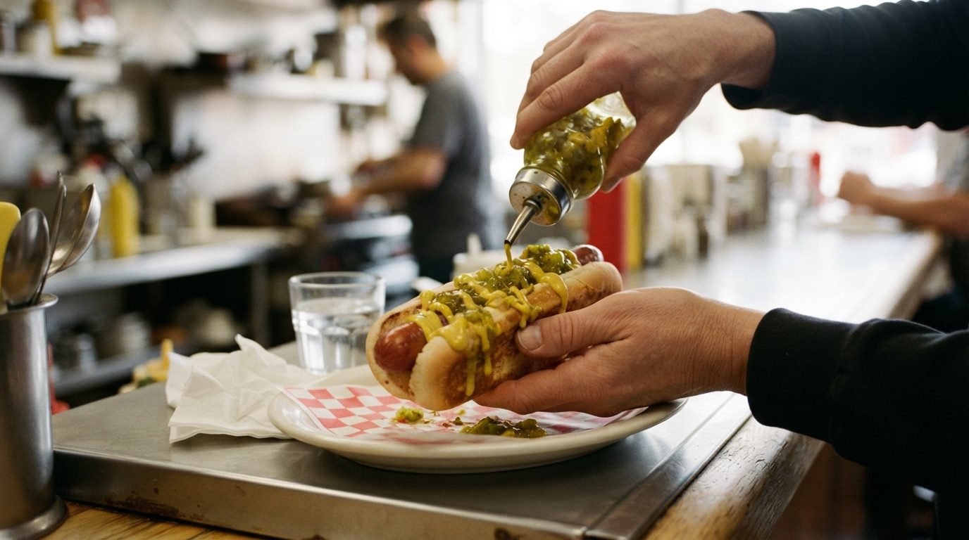 Hands add relish and mustard to a hot dog over a plate at a diner counter, with blurred people and kitchen equipment in the background.