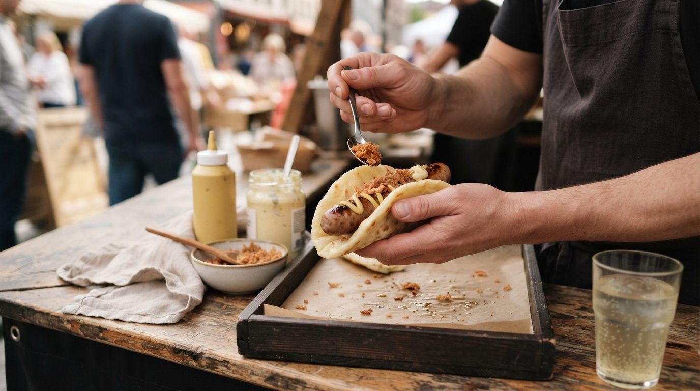 A vendor adds crispy topping to a hot dog in flatbread at a busy outdoor food stall, with sauces, a bowl, and a drink on a wooden counter.