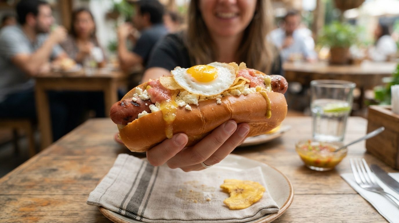 A loaded hot dog topped with a fried egg, cheese, sauce, and crisp toppings is held over a plate at a restaurant table, with diners blurred in the background.