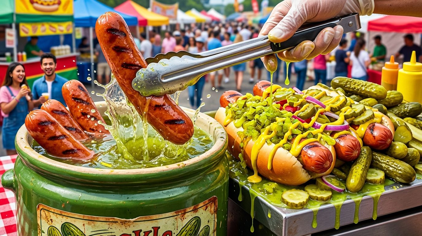 Gloved tongs lift a grilled sausage over a jar of green pickle brine beside hot dogs topped with chopped pickles at a crowded outdoor food market.