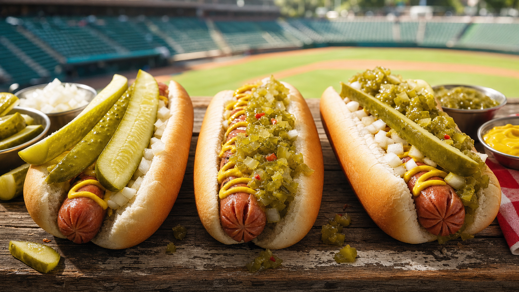 Three hot dogs topped with mustard, relish, onions, and pickle spears sit on a wooden table with bowls of condiments, in front of a baseball stadium.