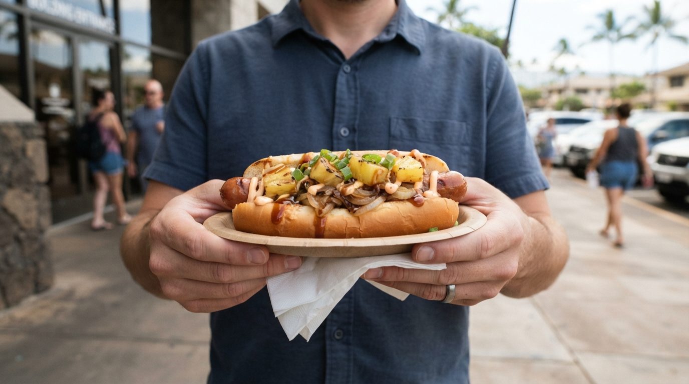 A person holds a plate with a hot dog topped with pineapple, onions, sauce, and green onions outside a storefront on a sunny sidewalk.