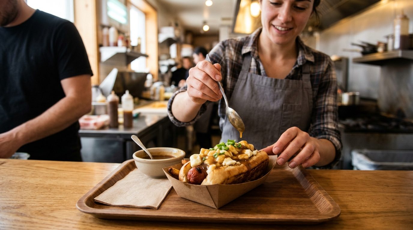 A cook spoons gravy over a hot dog topped with fries, cheese curds, and green onions on a tray at a busy restaurant counter.