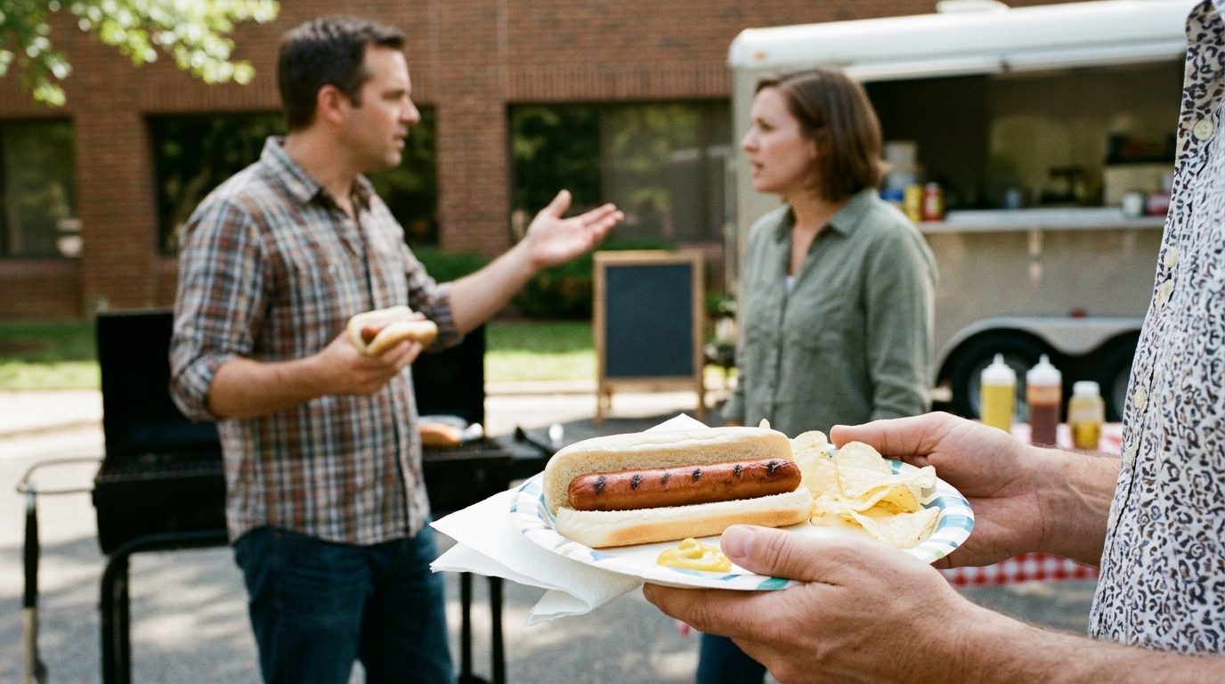 People discuss hot dogs at an outdoor gathering while a person in the foreground holds a plate with a hot dog, chips, and condiments.