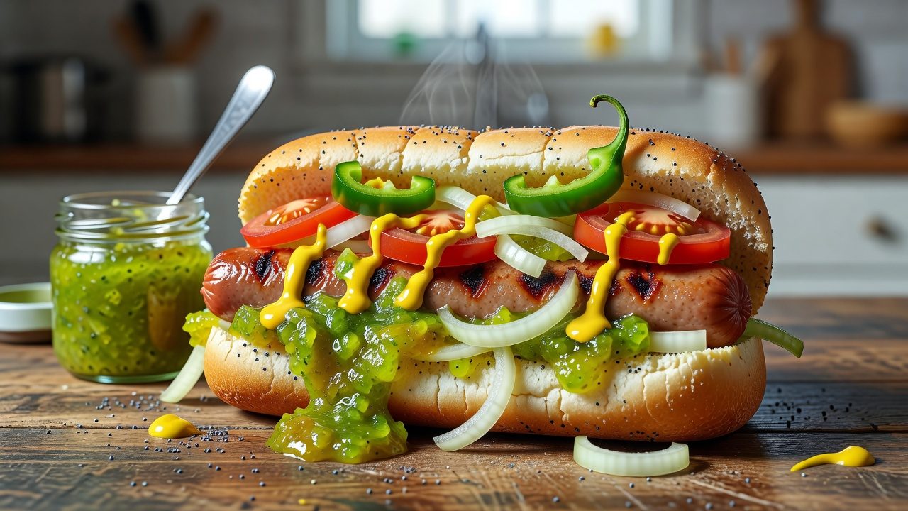 A fully loaded hot dog with relish, mustard, onion, tomato, and green peppers sits on a wooden counter beside a jar of relish in a kitchen.