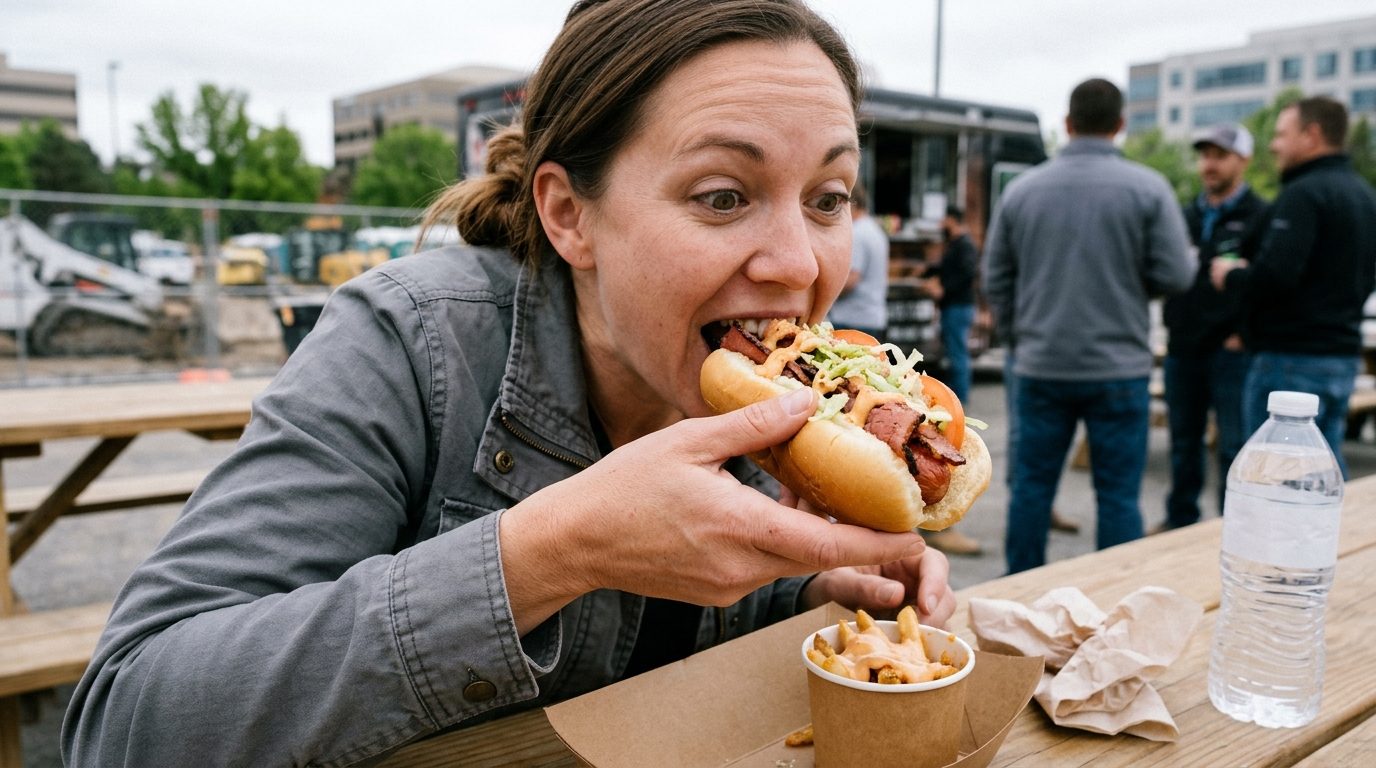 A person bites into a loaded hot dog at an outdoor picnic table, with fries, napkins, and a bottled drink nearby.