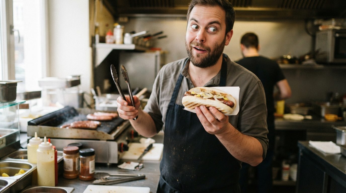 A food service worker holds a sausage sandwich and metal tongs behind a counter in a busy commercial kitchen, with another worker in the background.