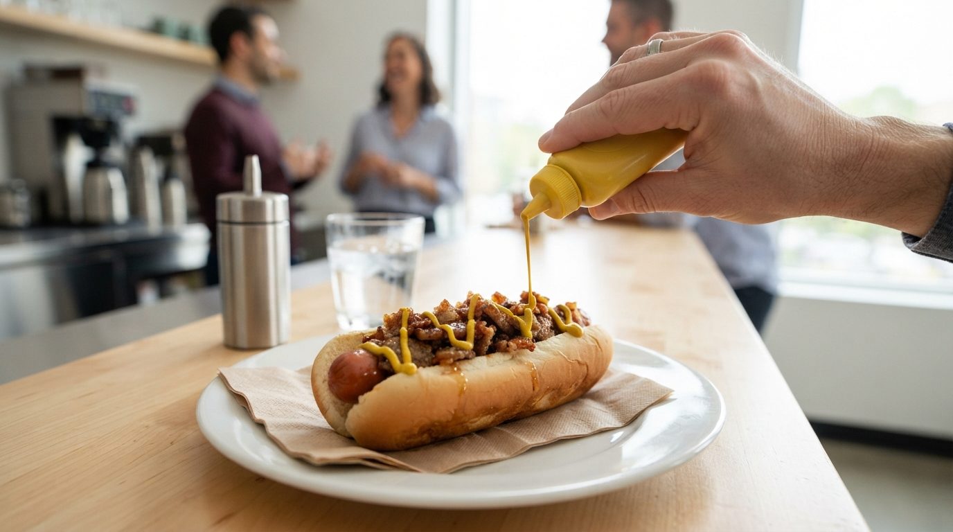 A hand squeezes yellow mustard onto a hot dog topped with fried pieces on a plate, while three blurred people stand in a bright kitchen.