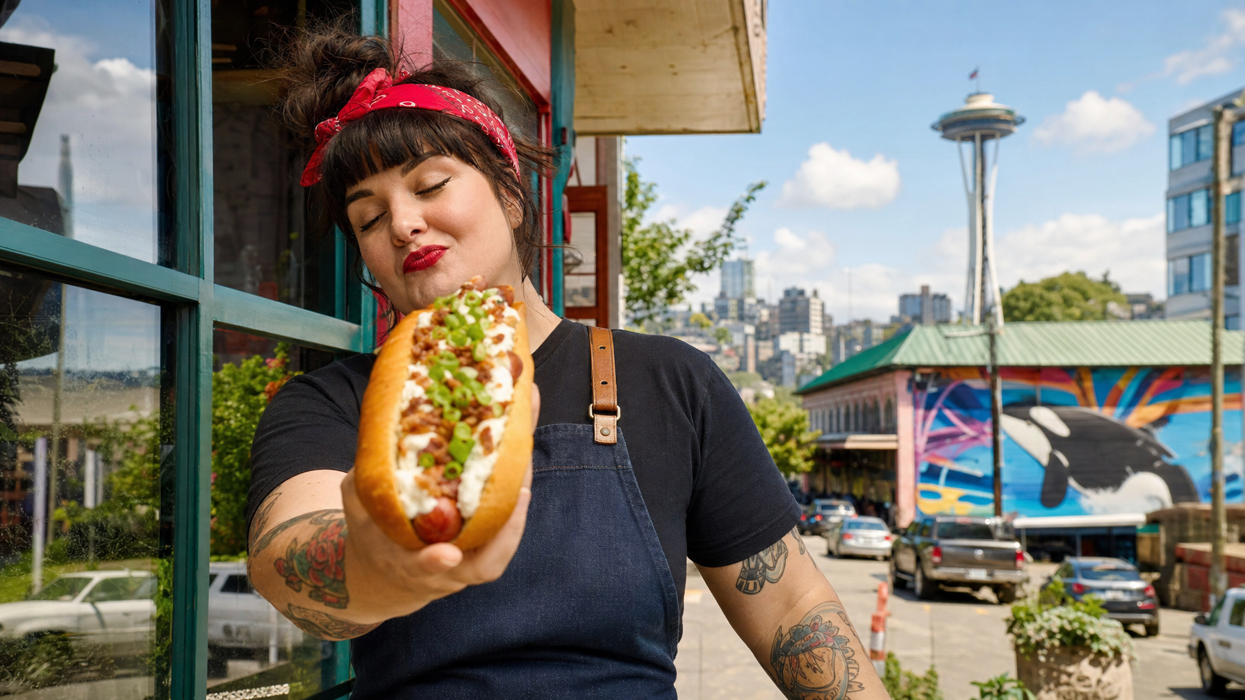 A food-service worker presents a hot dog topped with white spread, bacon, and green onions outside a storefront, with a distinctive tower and city street in the background.