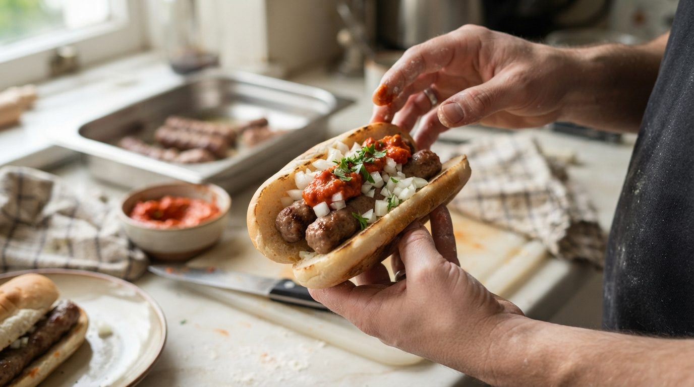 A person assembles a meatball sandwich with chopped onions, red sauce, and herbs on a kitchen counter.