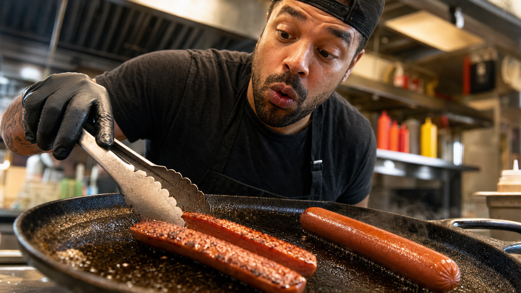A cook in black clothing uses tongs to turn split and whole sausages in a large pan in a commercial kitchen.
