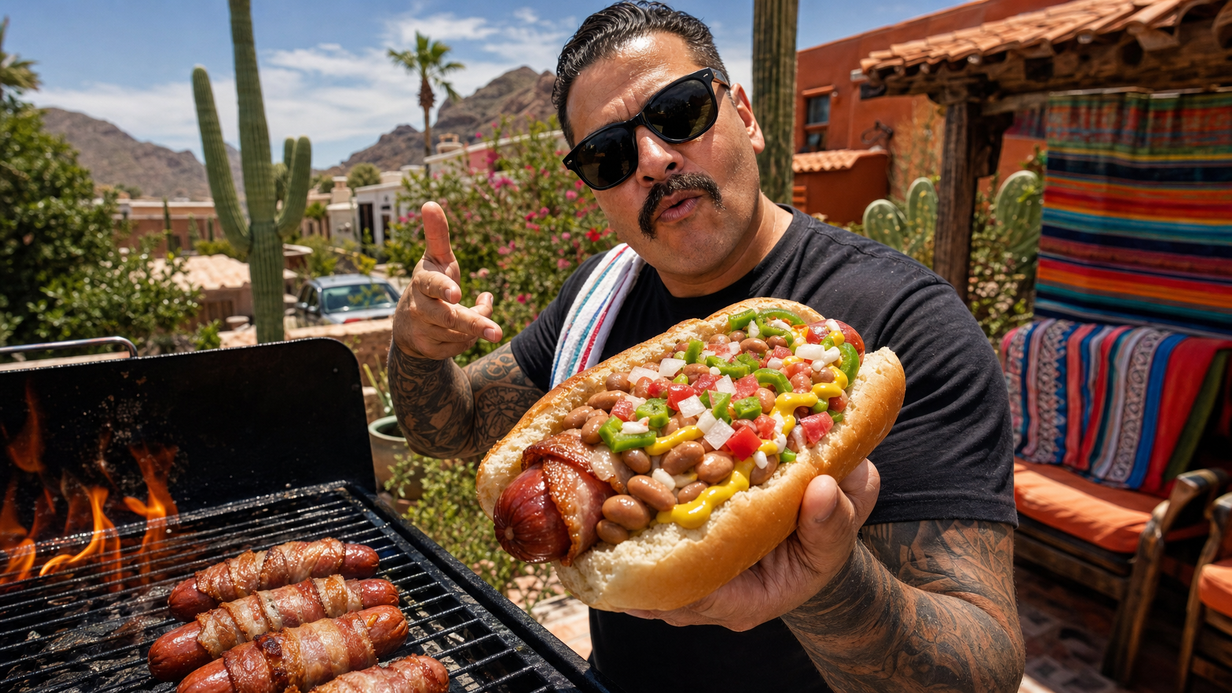 A man holds a loaded hot dog beside a flaming outdoor grill in a desert patio, with cacti, mountains, and colorful blankets in the background.