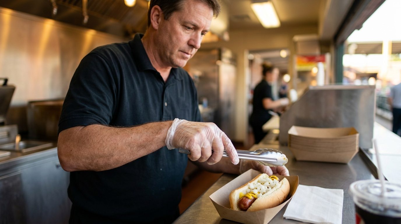 A concession worker uses tongs to add toppings to a hot dog at a food stand, with another worker and a drink visible in the background.