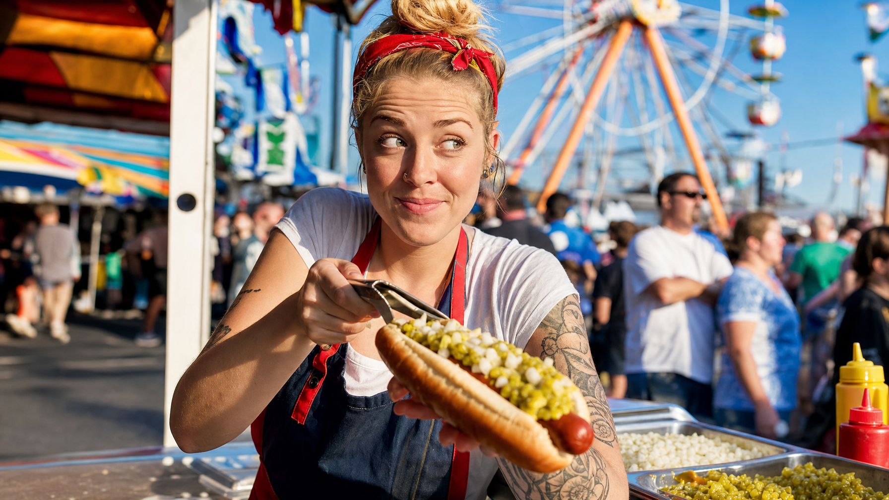 A fair food vendor holds out a hot dog topped with chopped onions and relish at a busy fairground food stand, with a Ferris wheel behind them.