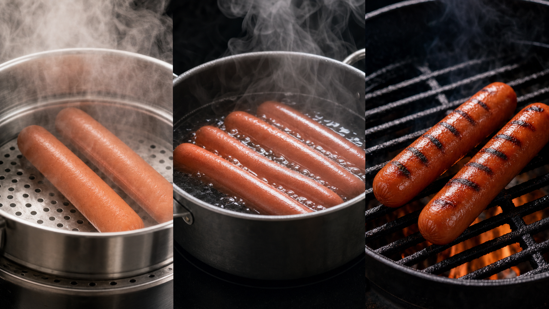 Hot dogs are shown steaming in a perforated pot, simmering in water, and grilling over open flames in a three-panel kitchen scene.