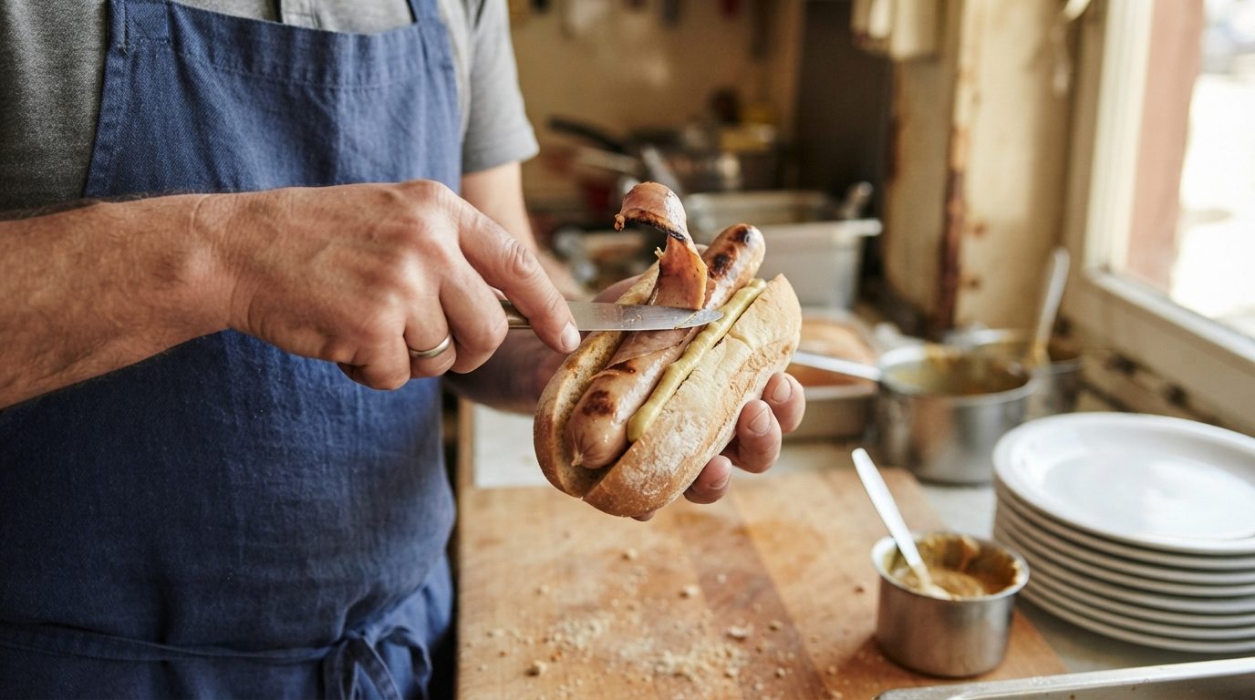 A person in a blue apron cuts a sausage in a bun with a knife on a kitchen counter, with pots, plates and condiments nearby.