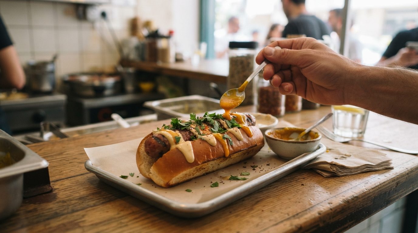 A hand drizzles sauce over a garnished hot dog in a bun on a tray at a busy restaurant counter.