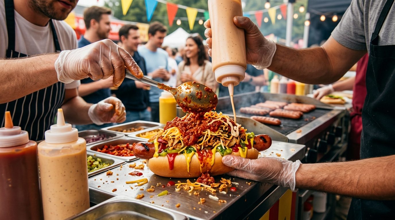 Workers assemble a heavily topped hot dog at an outdoor food stall while a crowd gathers behind them.