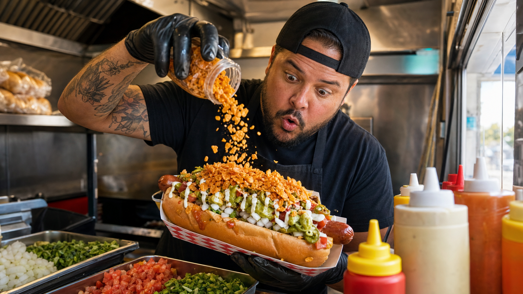 A food-service worker in gloves pours a crunchy topping onto an elaborately dressed hot dog in a busy food-preparation kitchen.