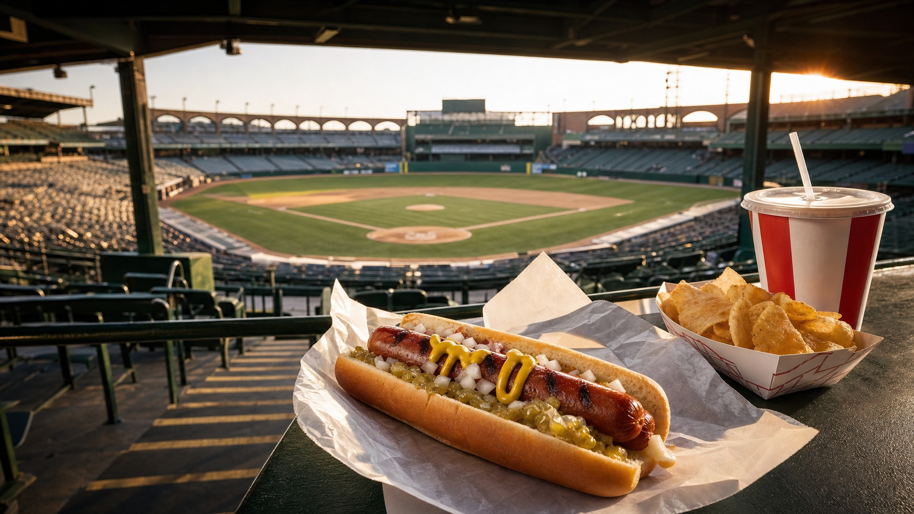 A mustard-, relish-, and onion-topped hot dog with chips and a drink sits in front of an empty baseball field from the stadium seats.